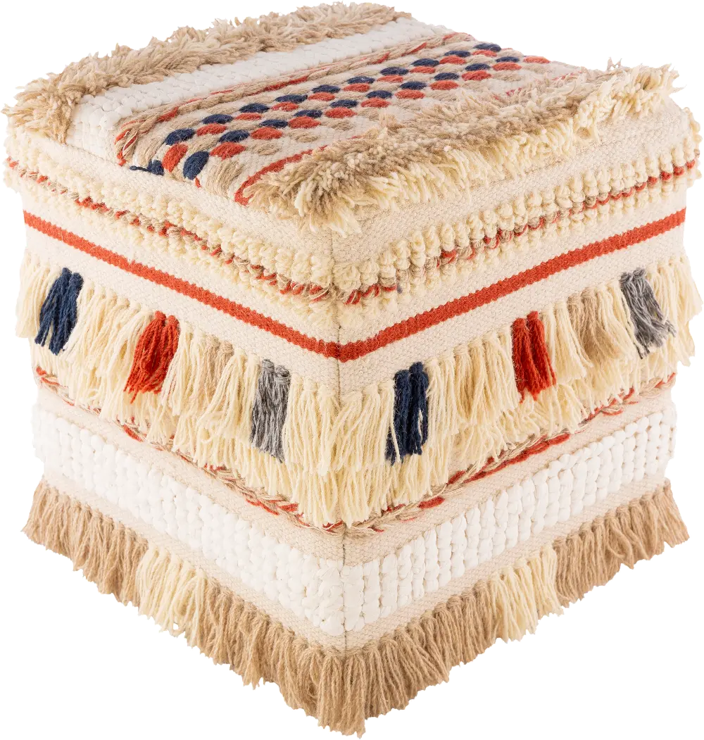 Hand Woven Cream and Multi Color Knife Edge Braided Pouf-1