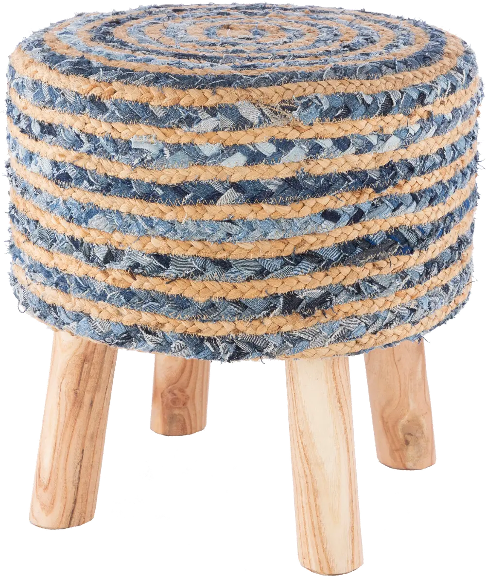 Blue Denim and Natural Jute Wooden Stool-1