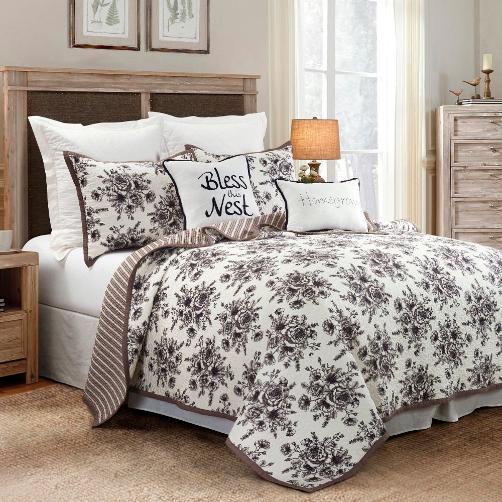 Black Taupe and White Floral Queen 3 Piece Quilt Set - Lyla