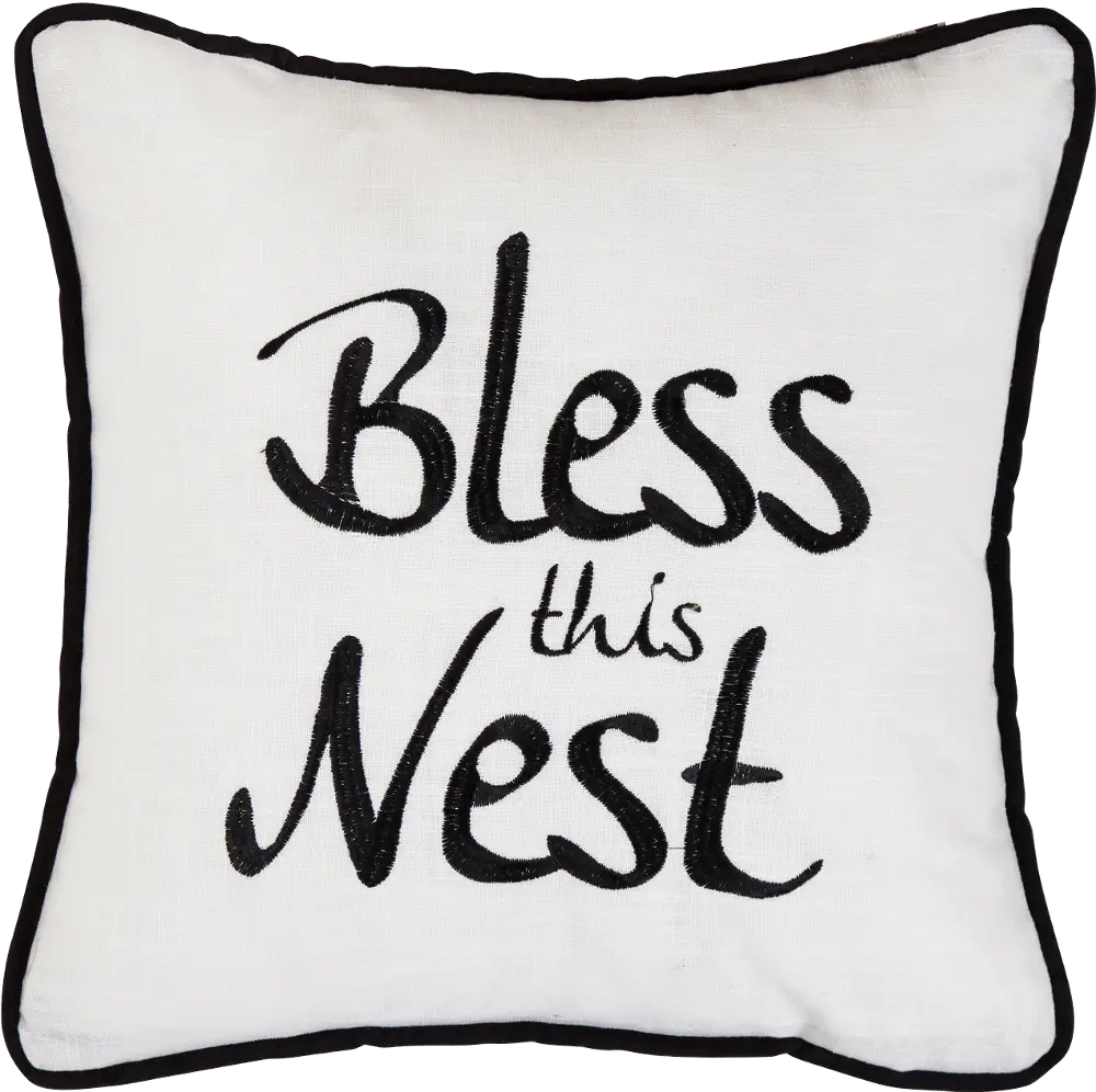 Black and White Bless This Nest Embroidered Throw Pillow-1
