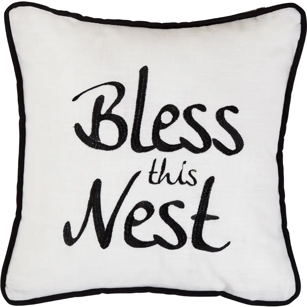 Black and White Bless This Nest Embroidered Throw Pillow-1