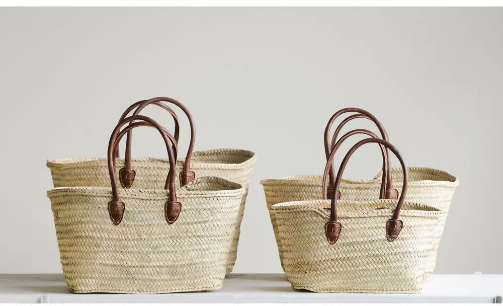 DA8843-S/4-XL 13 Inch Hand Woven Tan Moroccan Basket with Leather Handles-1
