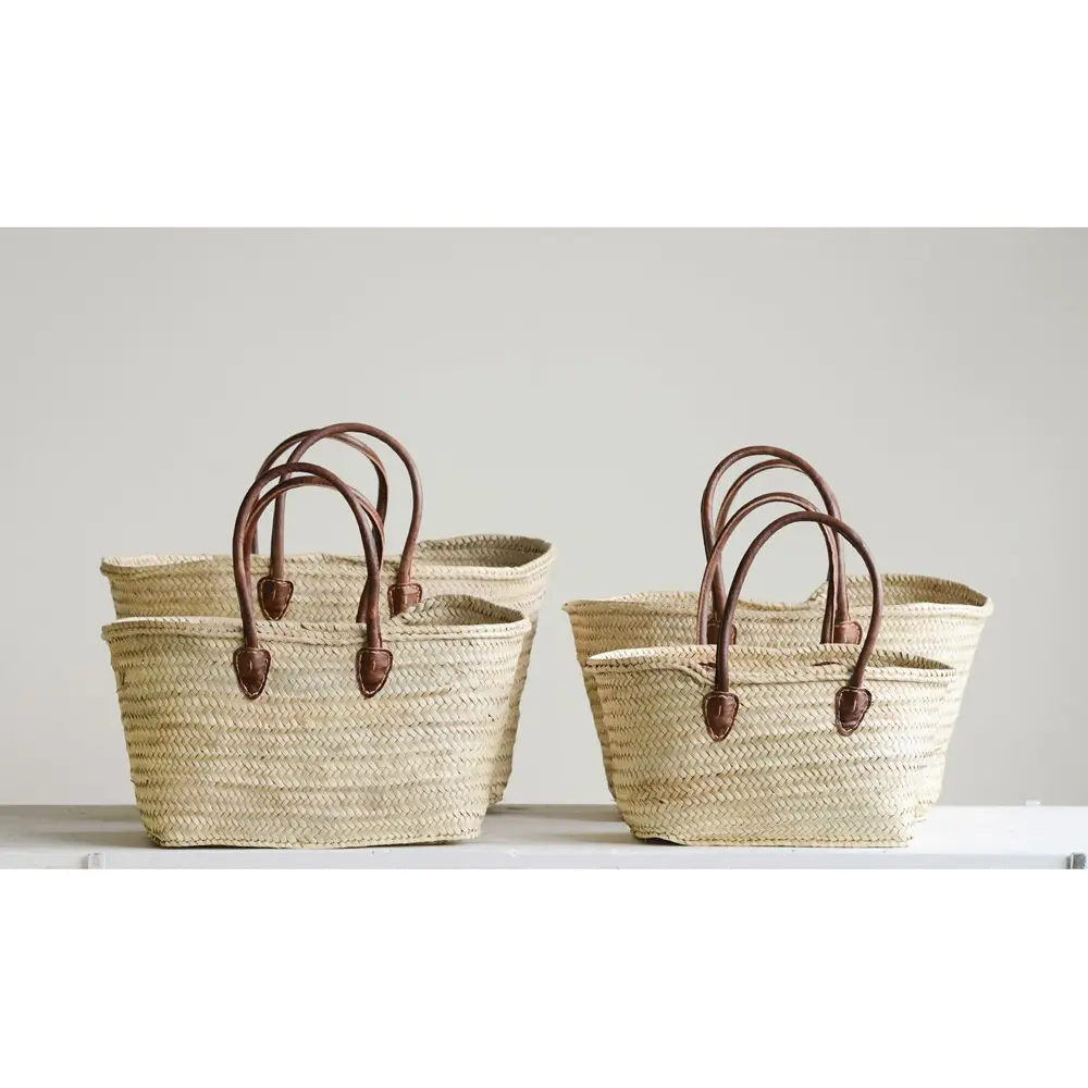10 Inch Hand Woven Tan Moroccan Basket with Leather Handles-1