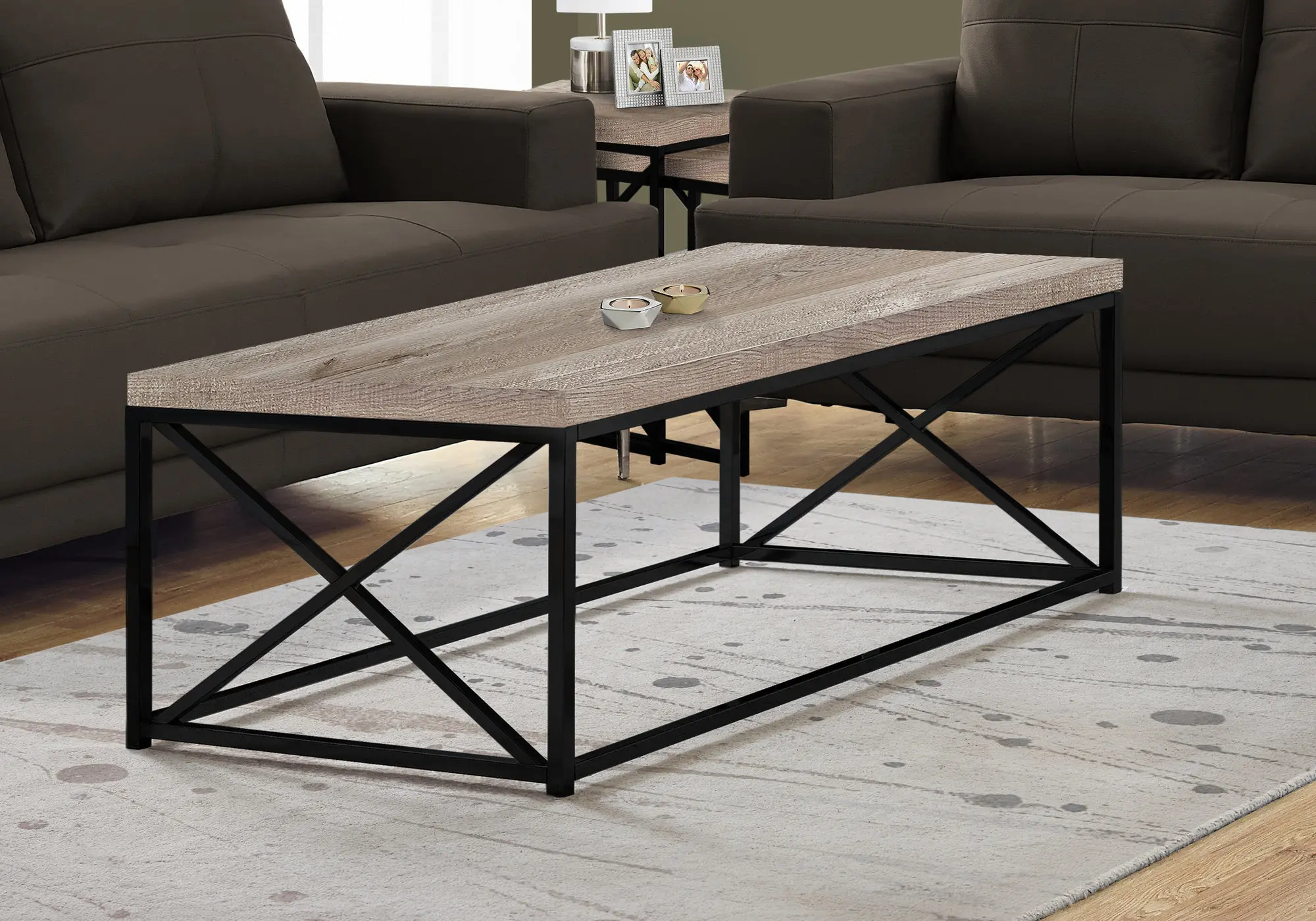 Industrial Taupe Wood Coffee Table with Black Base - Lewiston