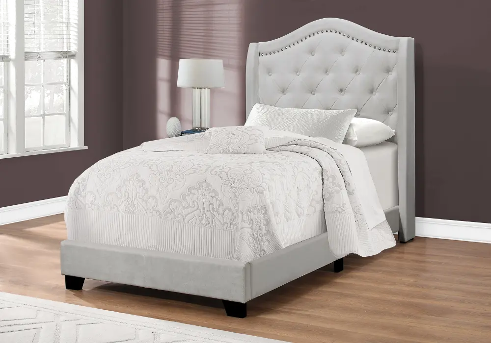 Light Gray Velvet Twin Upholstered Bed - Harrison-1