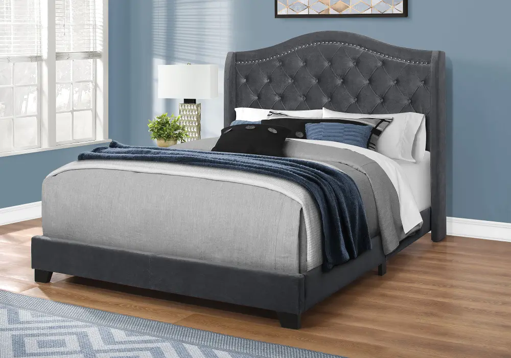 Dark Gray Velvet Queen Upholstered Bed - Harrison-1