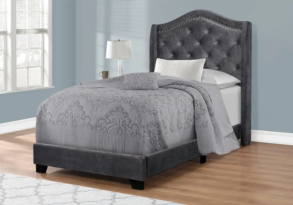 Dark Gray Velvet Twin Upholstered Bed - Harrison-1