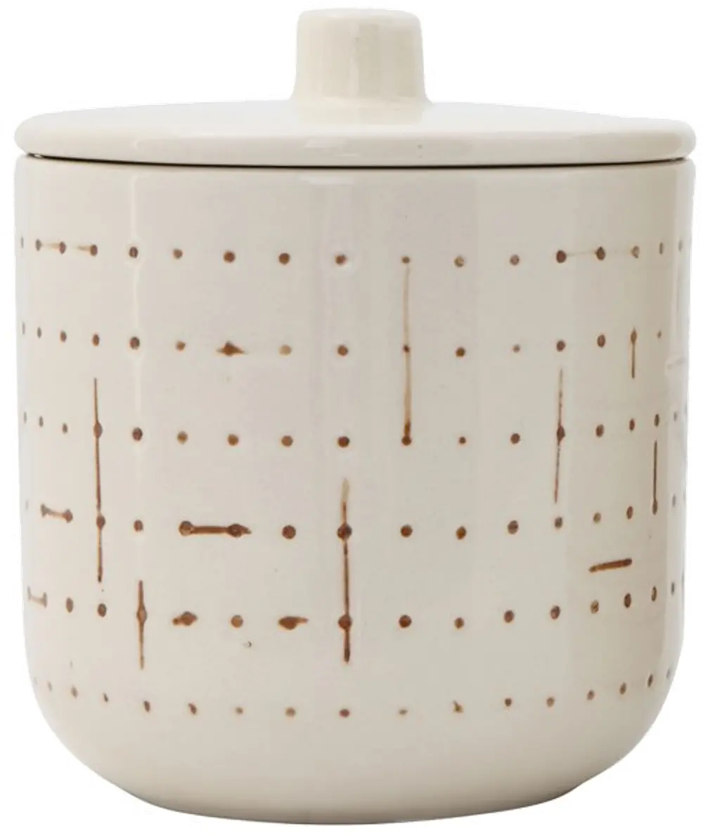 4 Inch Cream and Brown Embossed Stoneware Lidded Canister-1