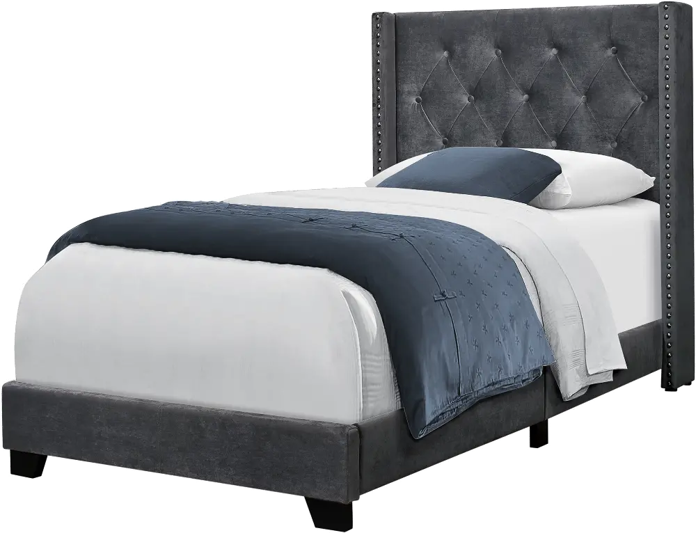 Dark Gray Velvet Twin Upholstered Bed - Maine-1