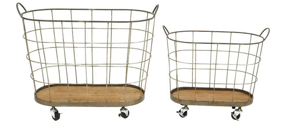 DA4431-S/2-LRG 23 Inch Distressed Silver Metal Laundry Basket on Casters-1