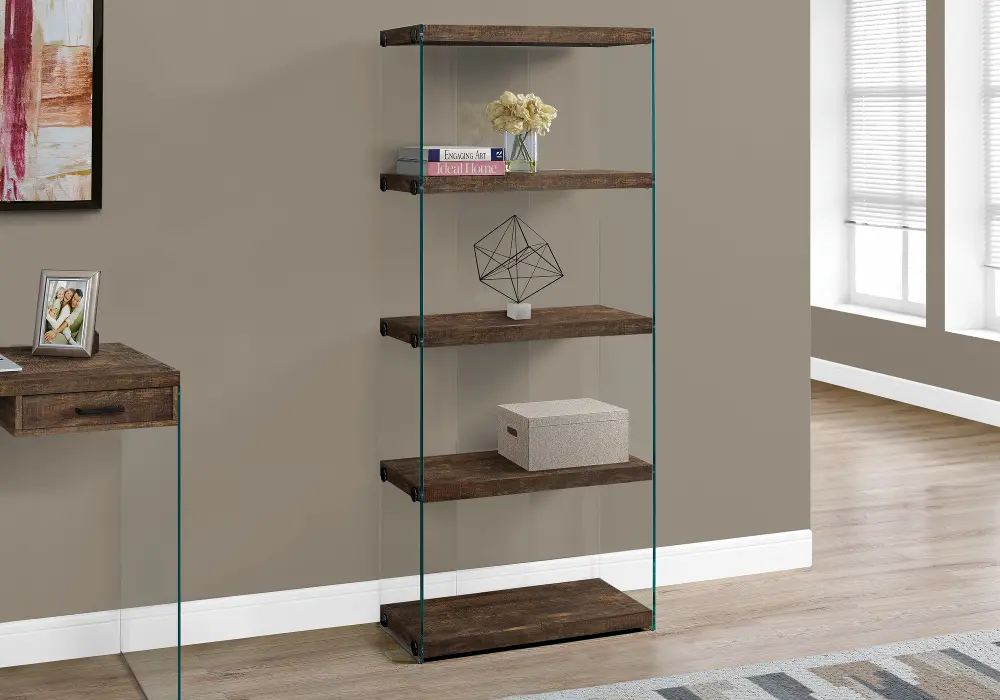 Contemporary Brown Bookcase with Glass Shelves-1