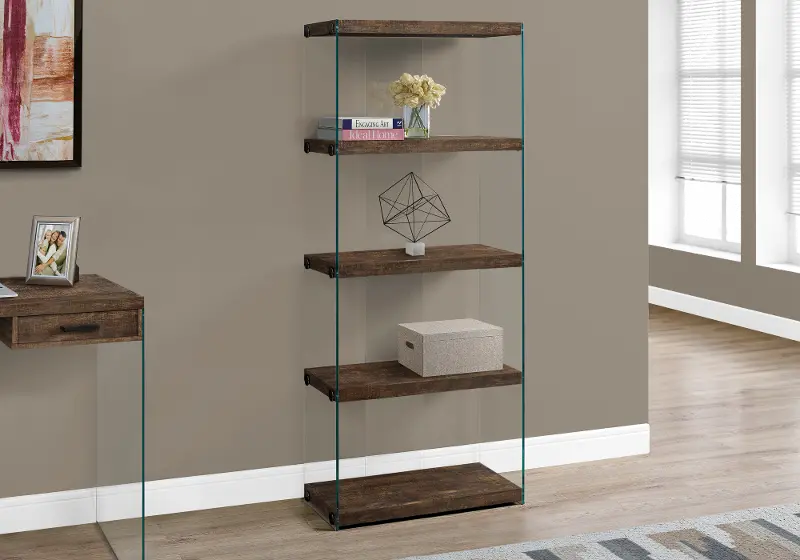 Contemporary Brown Bookcase With Glass, Modern Dark Wood Bookcase