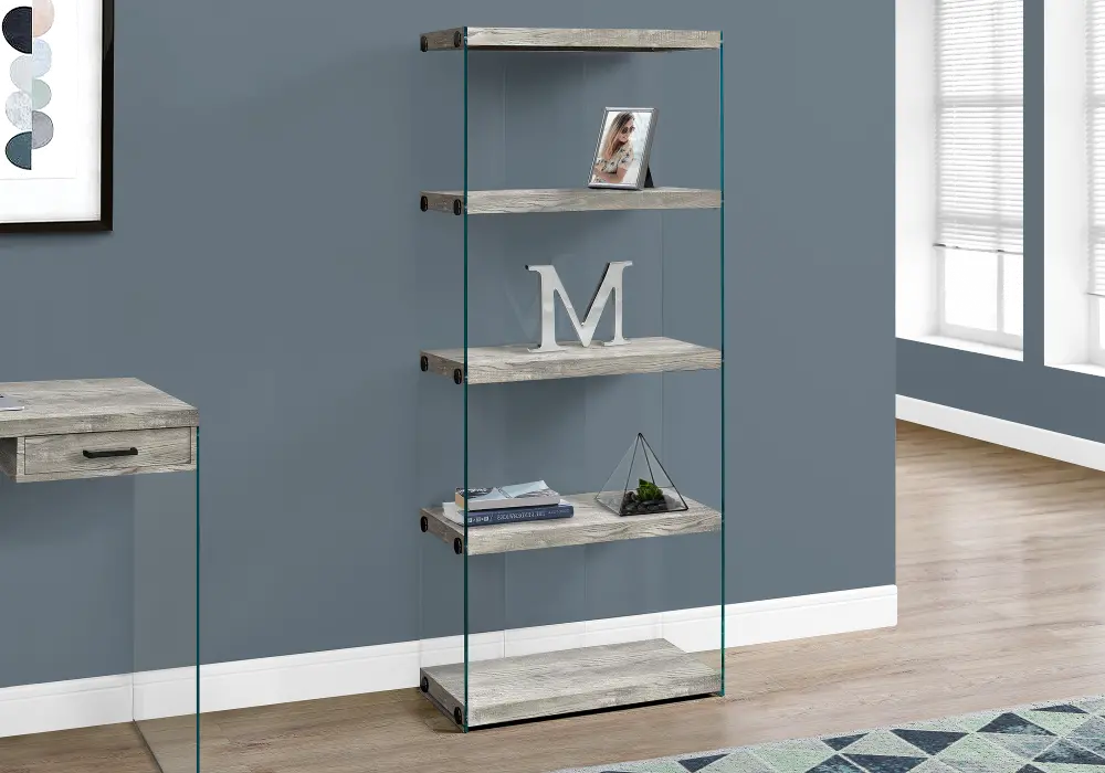 Modern Gray Bookcase with Glass Shelves-1
