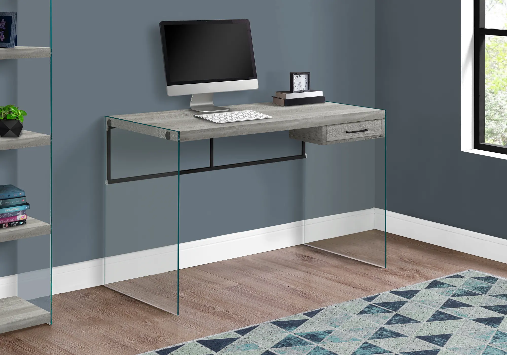 Photos - Office Desk Monarch Specialties Contemporary Gray and Glass Computer Desk I 7445 