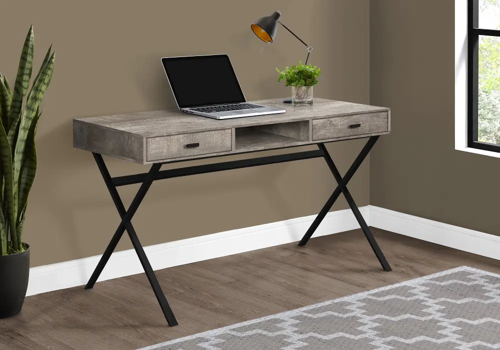 Taupe Wood Desk with Black Metal Base-1