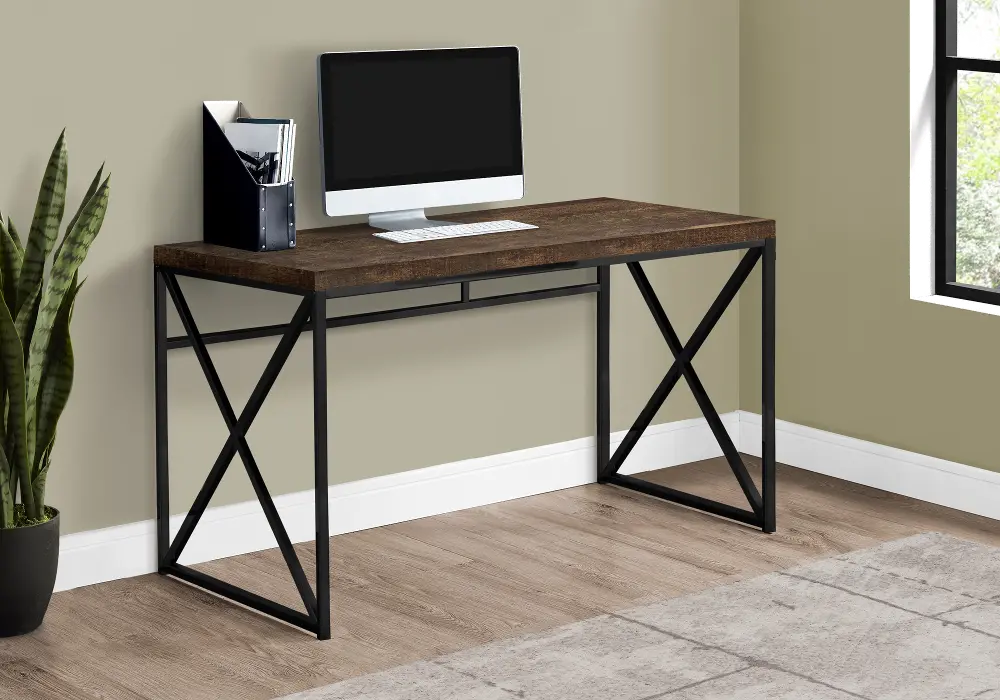 Brown Wood Desk with Black Metal Base-1
