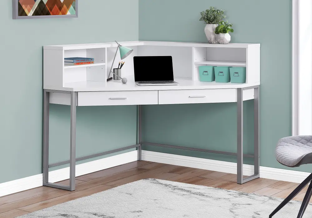 White Corner Desk with Silver Base-1