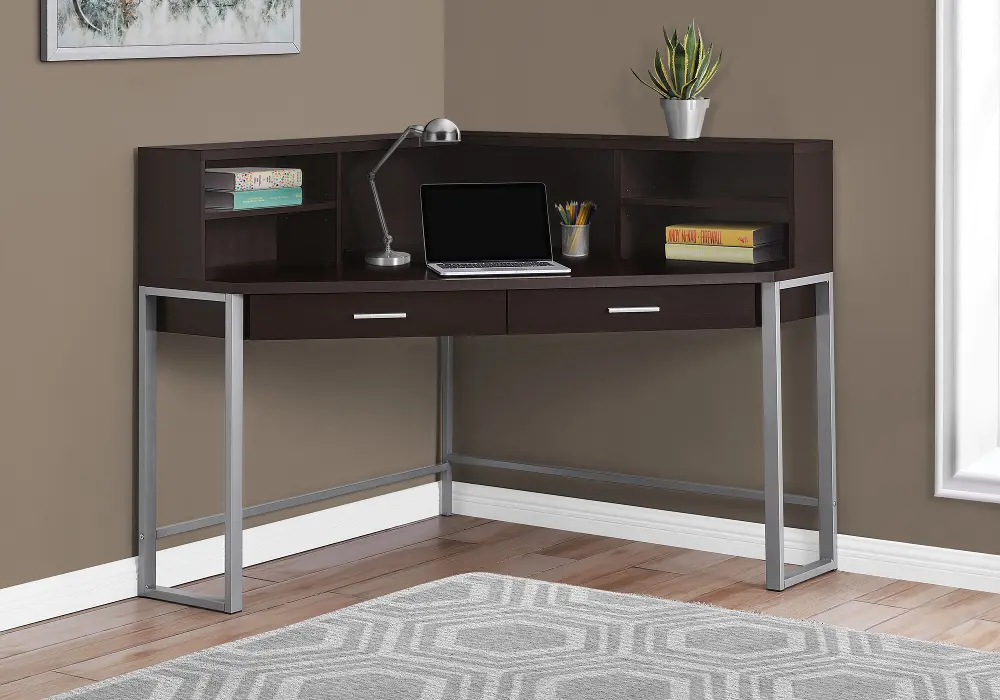 Cappuccino Corner Desk with Silver Desk-1