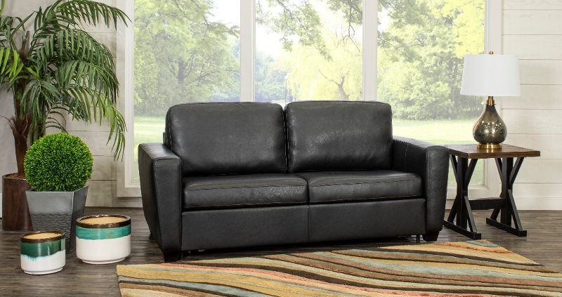 Basalt Black Leather Full Sleeper Sofa, Full Grain Leather Sofa Sleeper