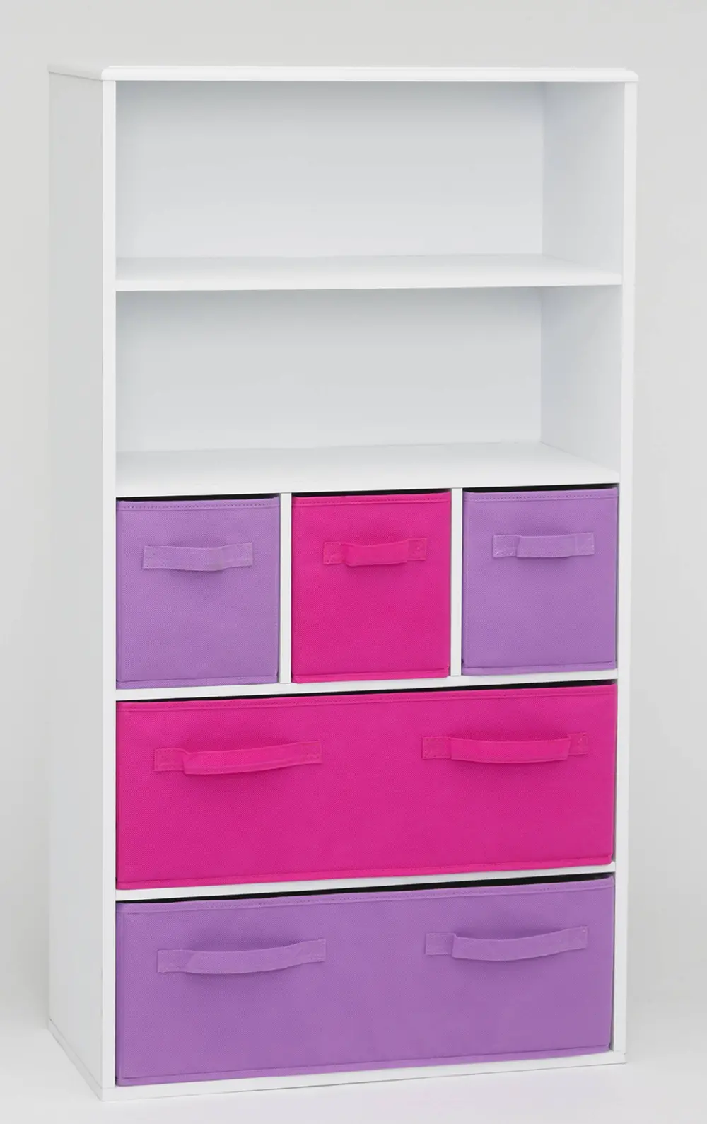 White Storage Bookcase with Pink and Purple Cubbies-1