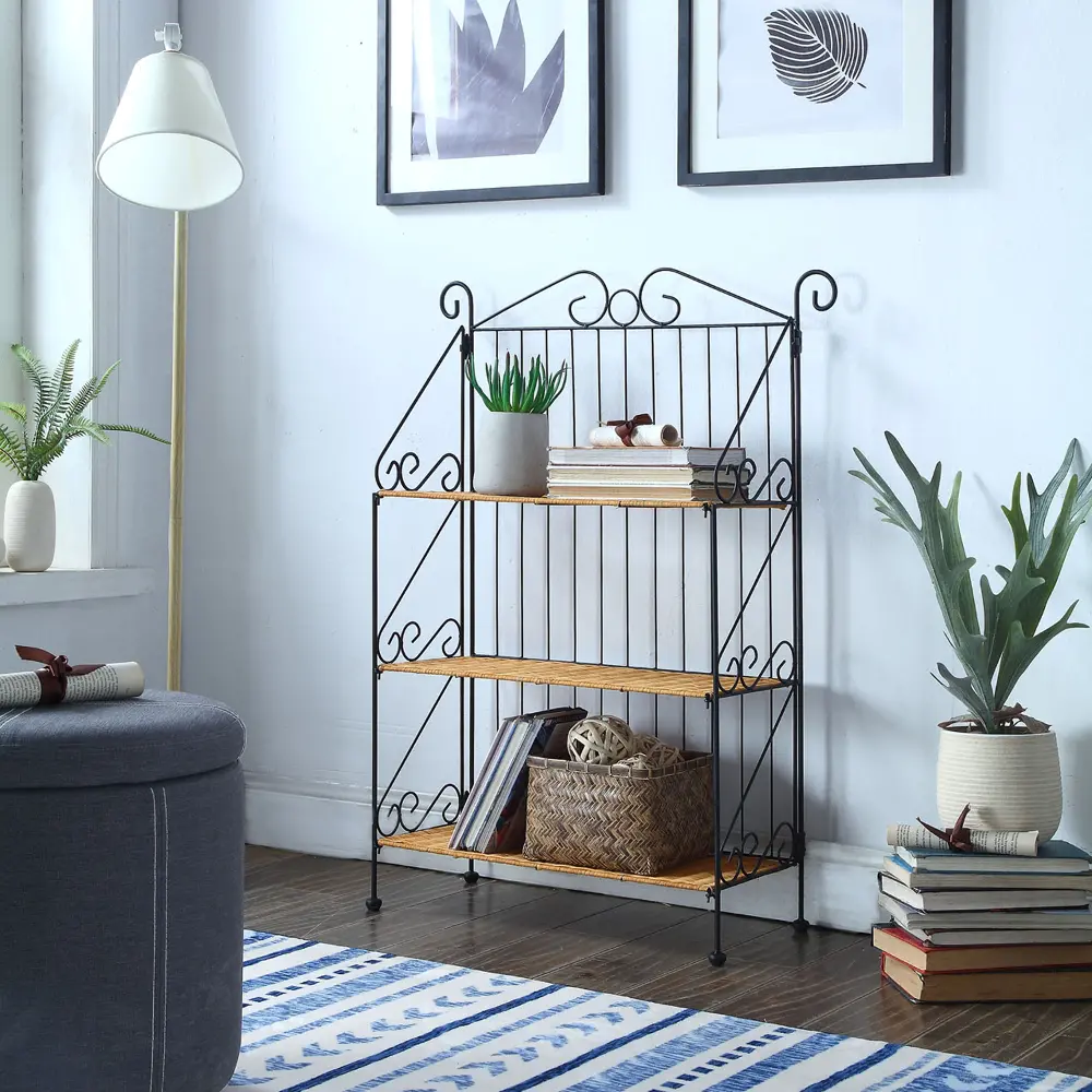 Wicker and Metal 3 Tier Bookcase-1