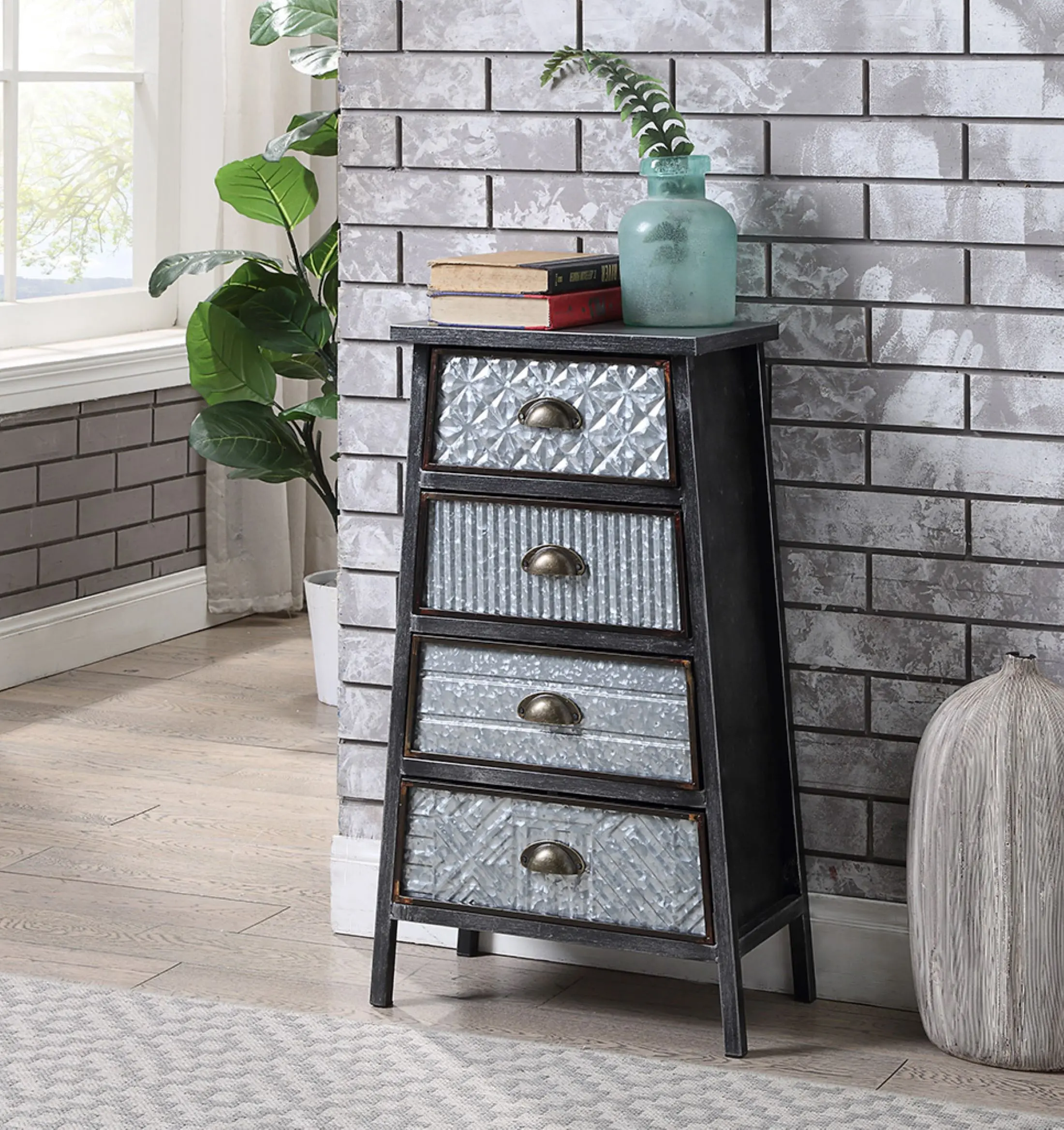 Multi Textured Metal Gray and Galvanized 4 Drawer Chest - Armata