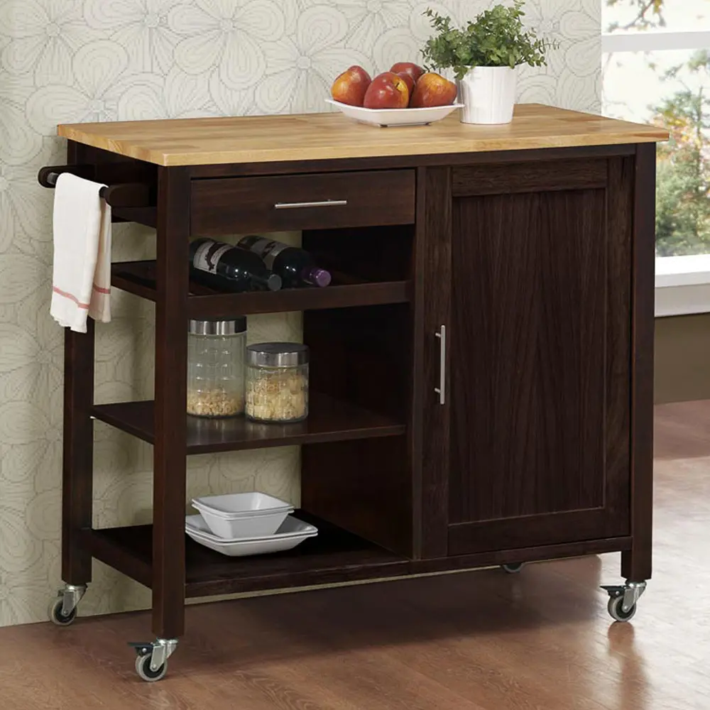 Espresso Brown Kitchen Cart with Natural Top - Calgary-1