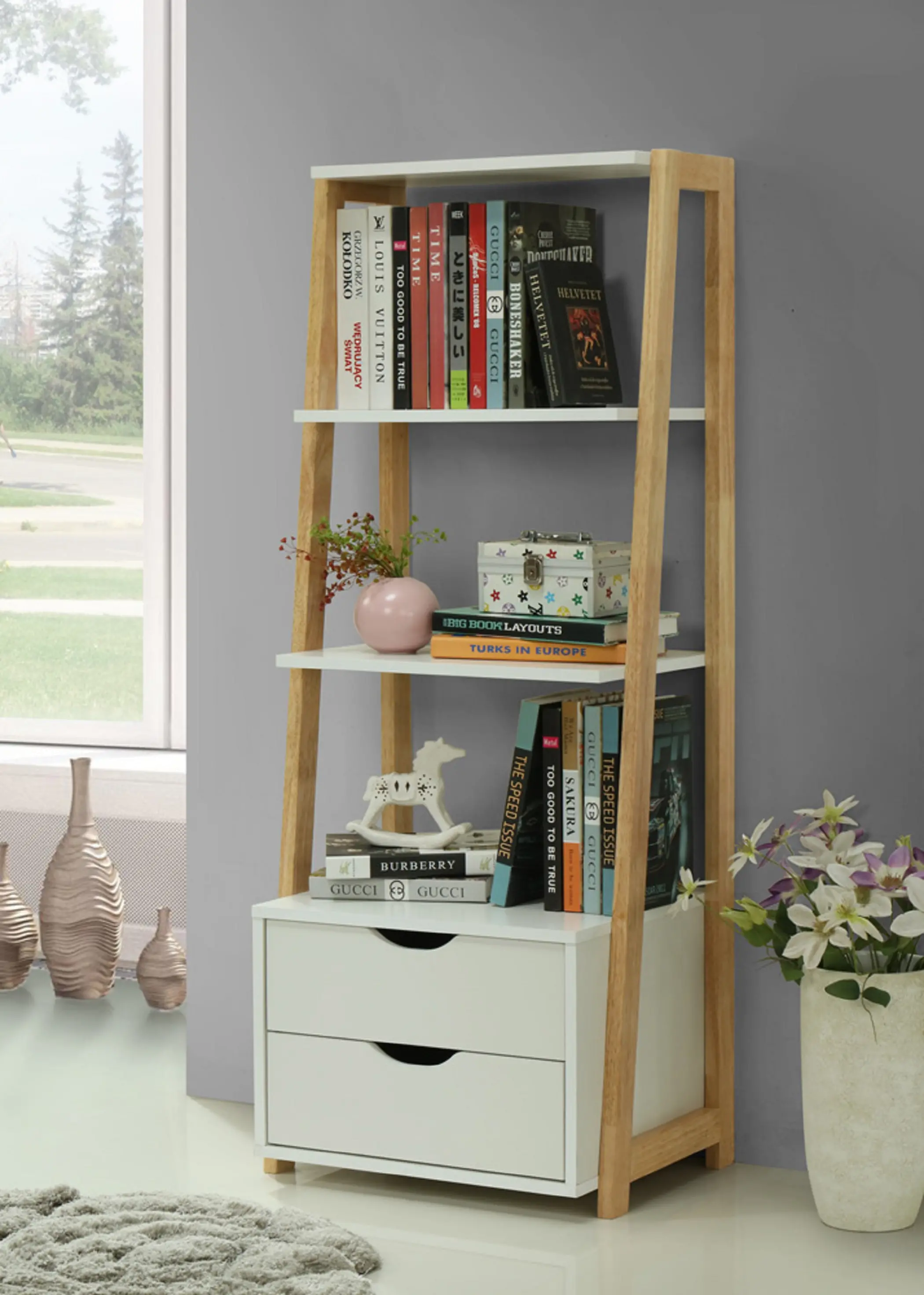 White and Natural Wood Bookcase - Heidi