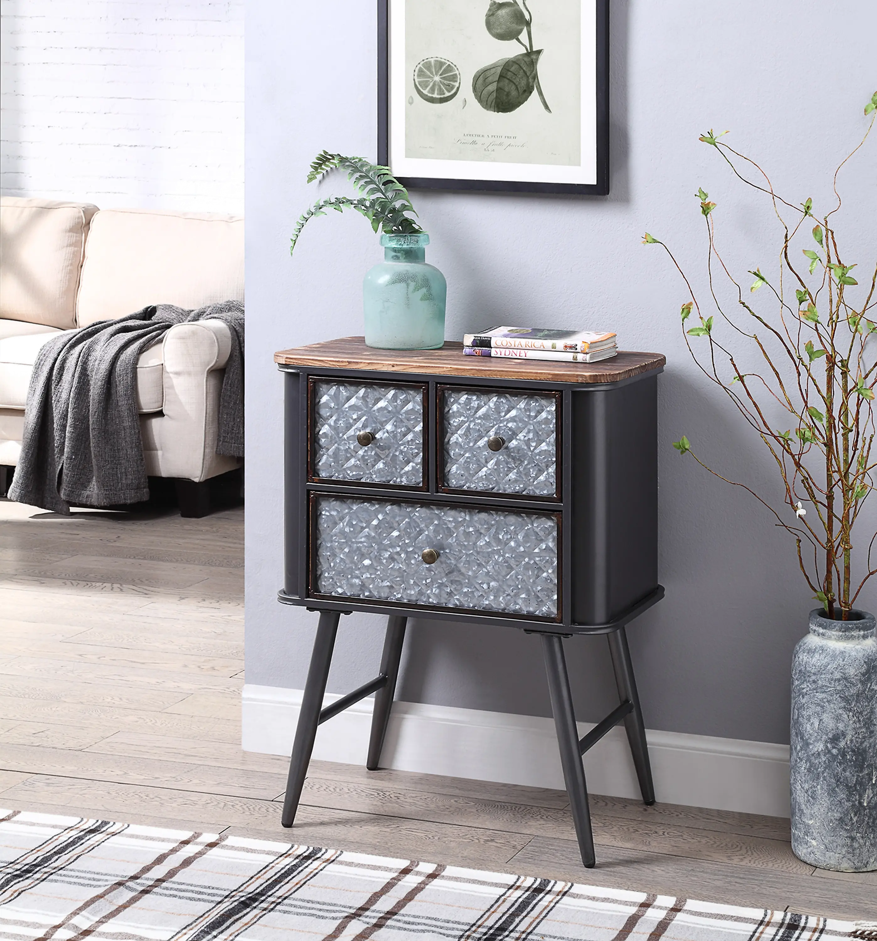 Metal and Wood Gray 3 Drawer Side Table - Forester