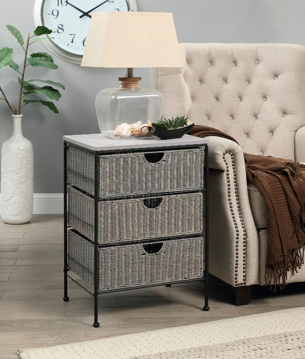 Gray Wicker and Black Metal 3 Drawer Chest - Autumn-1