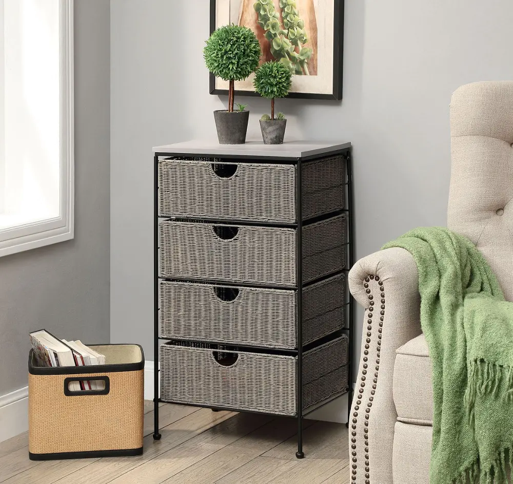 Gray Wicker and Black Metal 4 Drawer Chest - Autumn-1