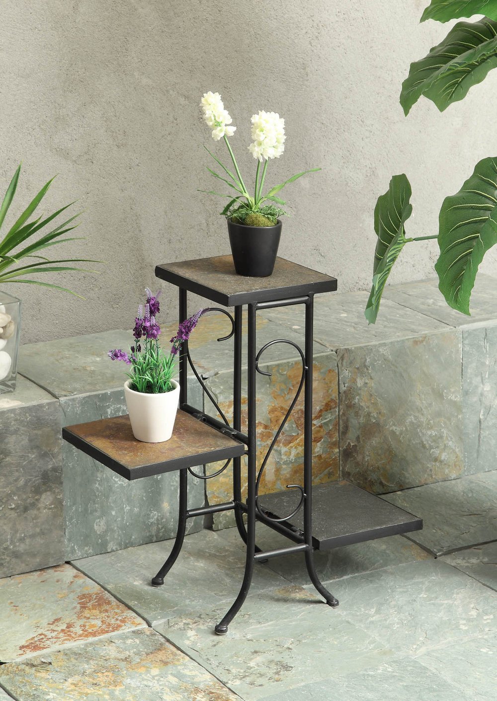 111875668 Slate Stone and Black Metal 3 Tier Plant Stand sku 111875668