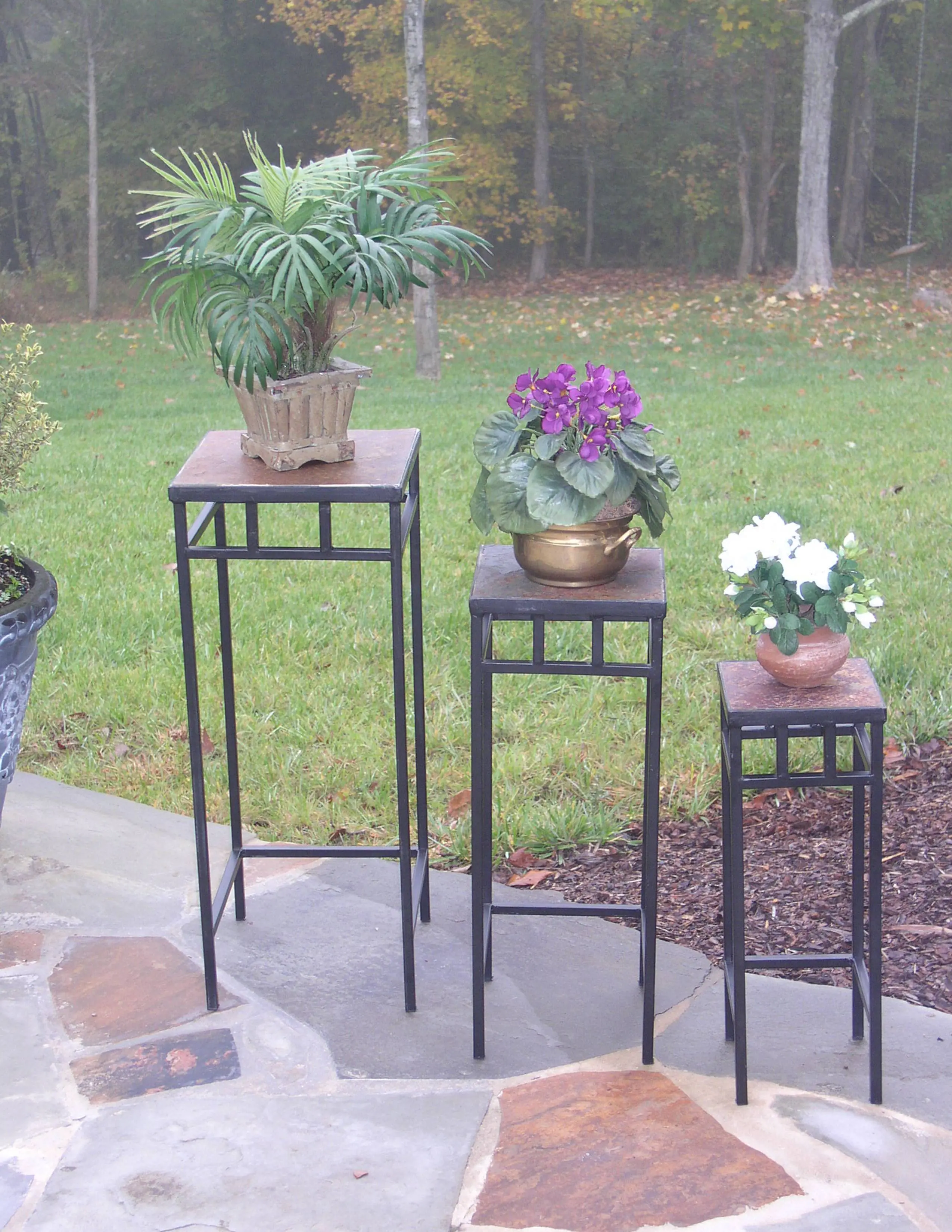 Black Metal and Slate Square Plant Stands (Set of 3) - Stone