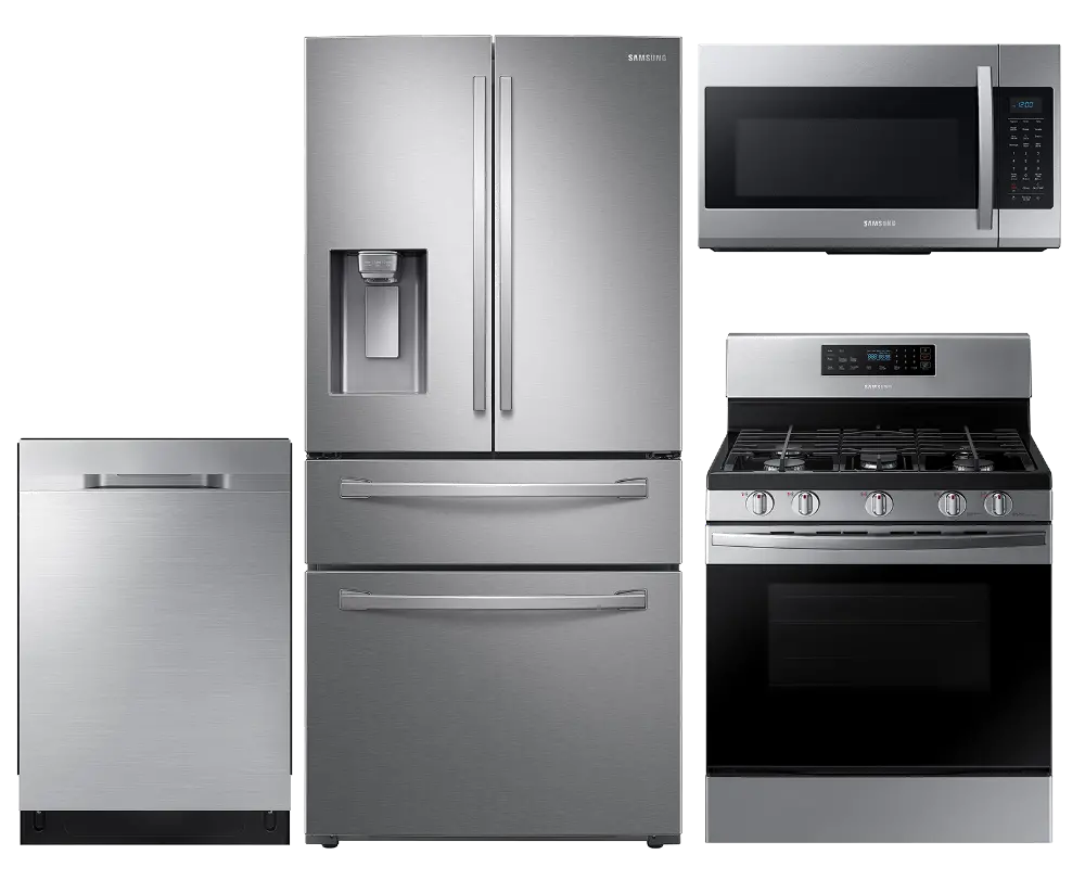 KIT Samsung 4 Piece Gas Kitchen Appliance Package with 28 cu. ft. French Door Refrigerator - Stainless Steel-1