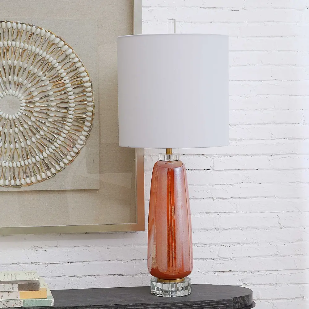 Iridescent Salmon Glass and Brass Table Lamp - Odette-1
