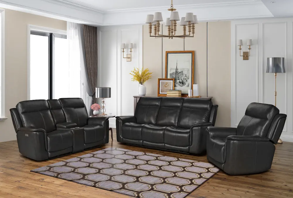 Burbank Smokey Gray Leather Triple Power Reclining Sofa-1