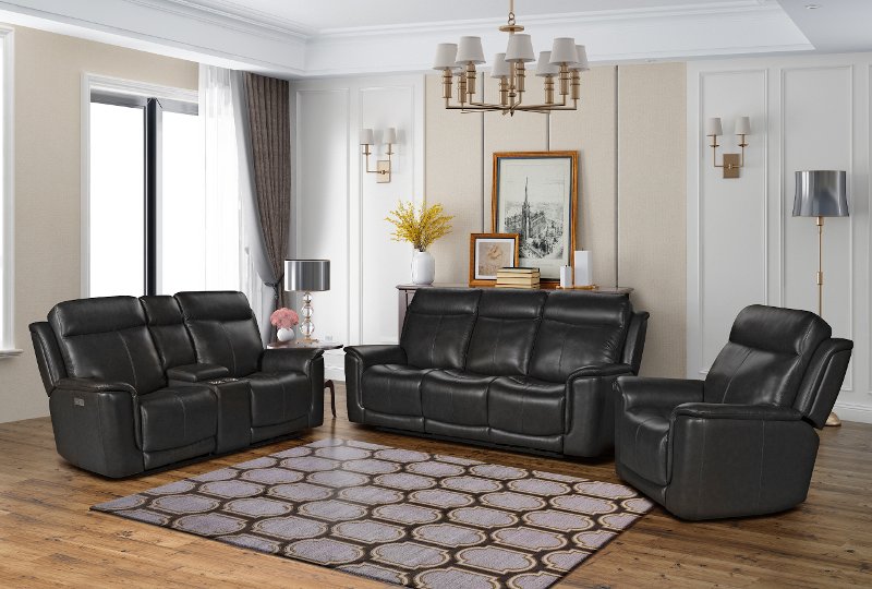 Smokey Gray Leather Triple Power, Gray Leather Reclining Sofa And Loveseat