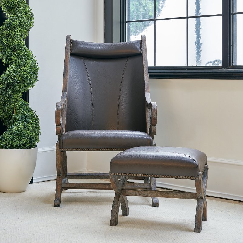 Brown Faux Leather Accent Chair And, Leather Accent Chair With Wood Arms