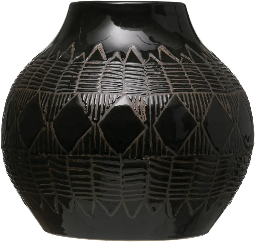 AH1193/BLACKVASE Black Etched Design Stoneware Vase-1