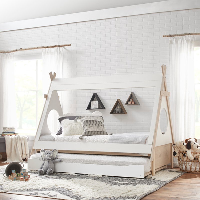 Modern White And Pine Twin Tee Bed, Twin Bed Clearance
