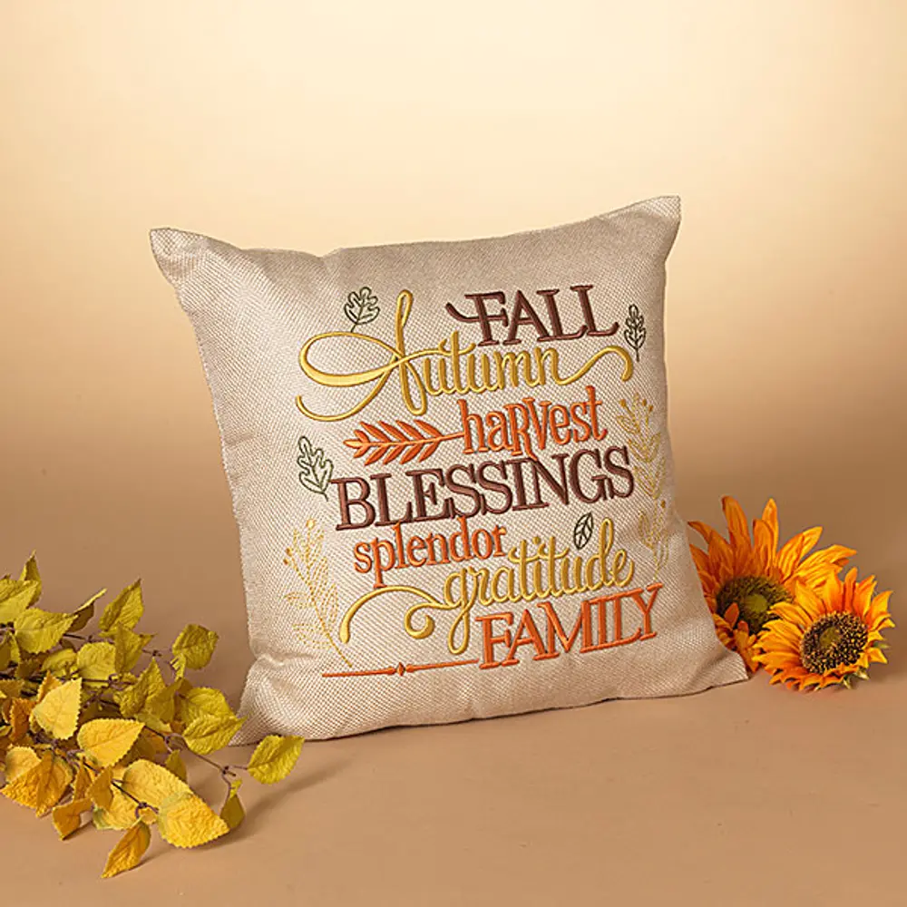 Tan Throw Pillow with Embroidered Harvest Words-1