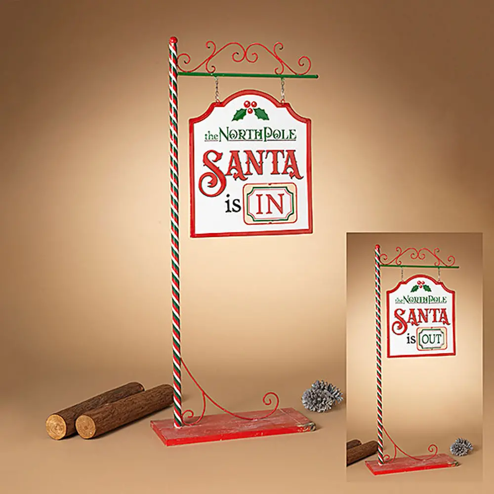 Red, White and Green Metal Santa Is In/Out Street Sign-1