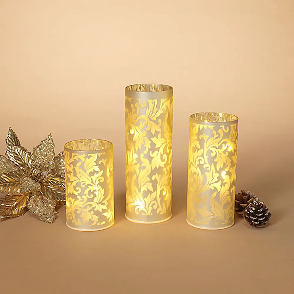 Champagne Finish Lighted Glass Luminaries (Set of 3)-1