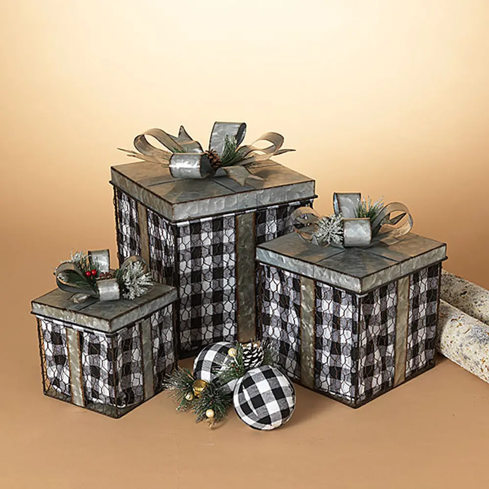 7 Inch Metal Holiday Gift Box with Black and White Plaid Liner-1