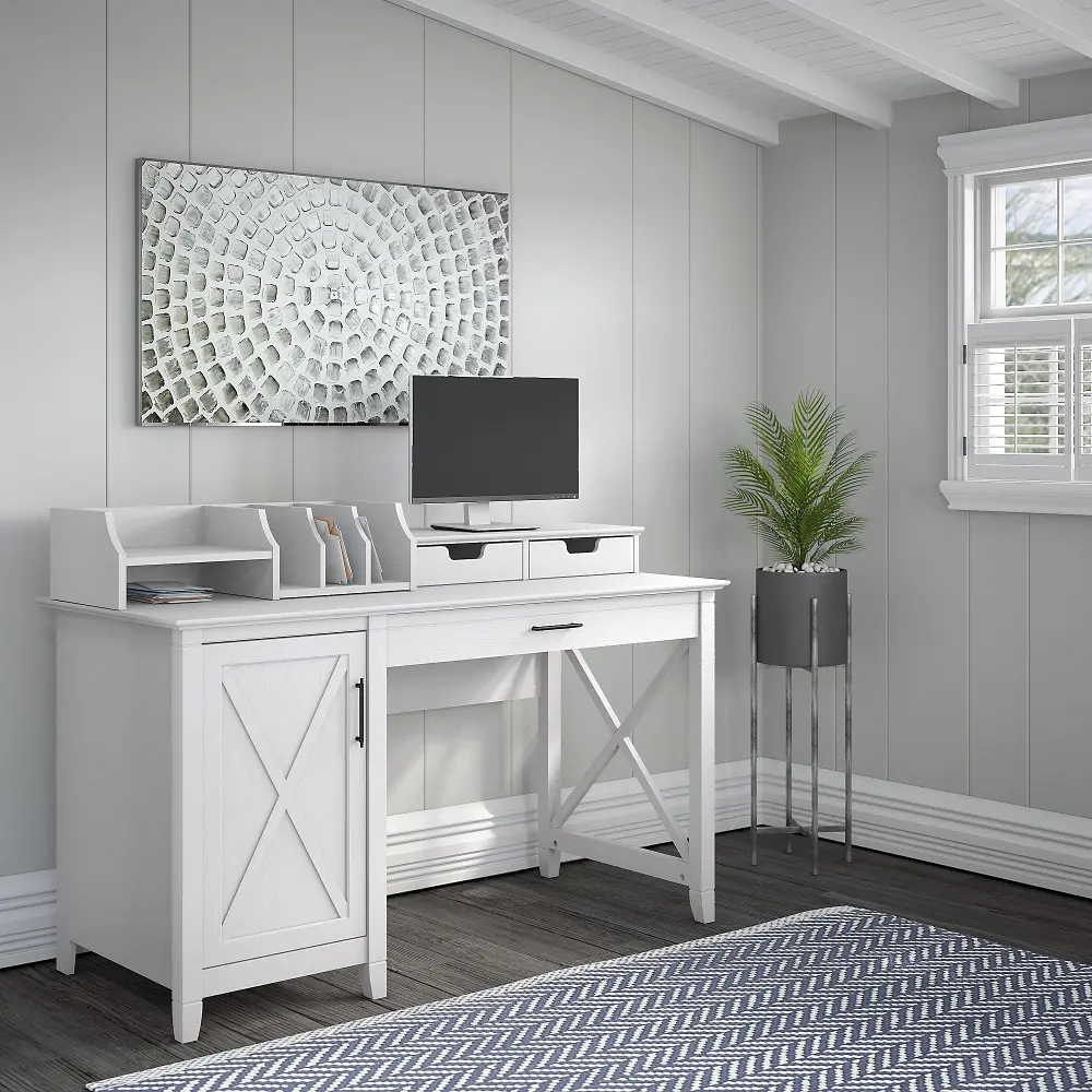 KWS010WT White Single Pedestal Desk with Desktop Organizers - Key West-1