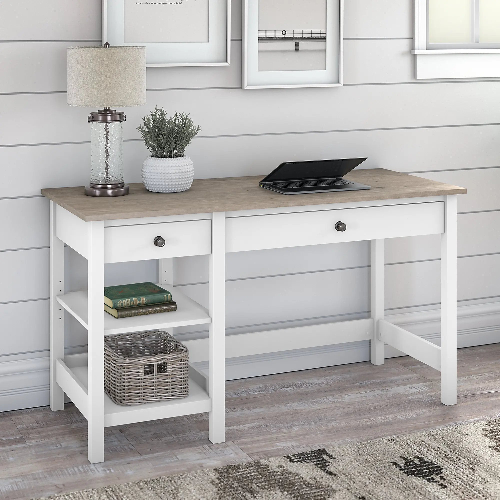 White and Gray Open Storage Desk - Bush Furniture