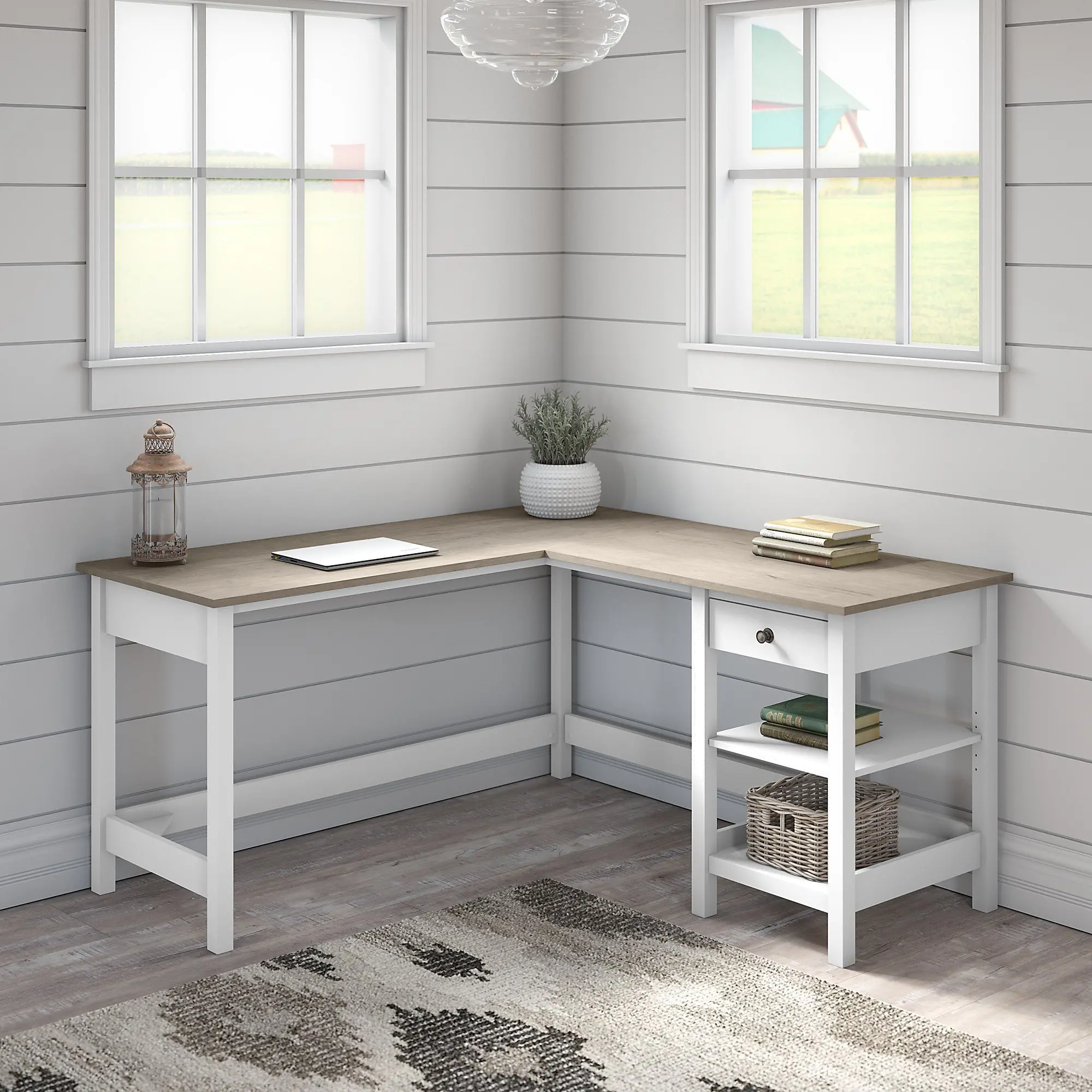 White and Gray Single Pedestal L-Desk - Bush Furniture