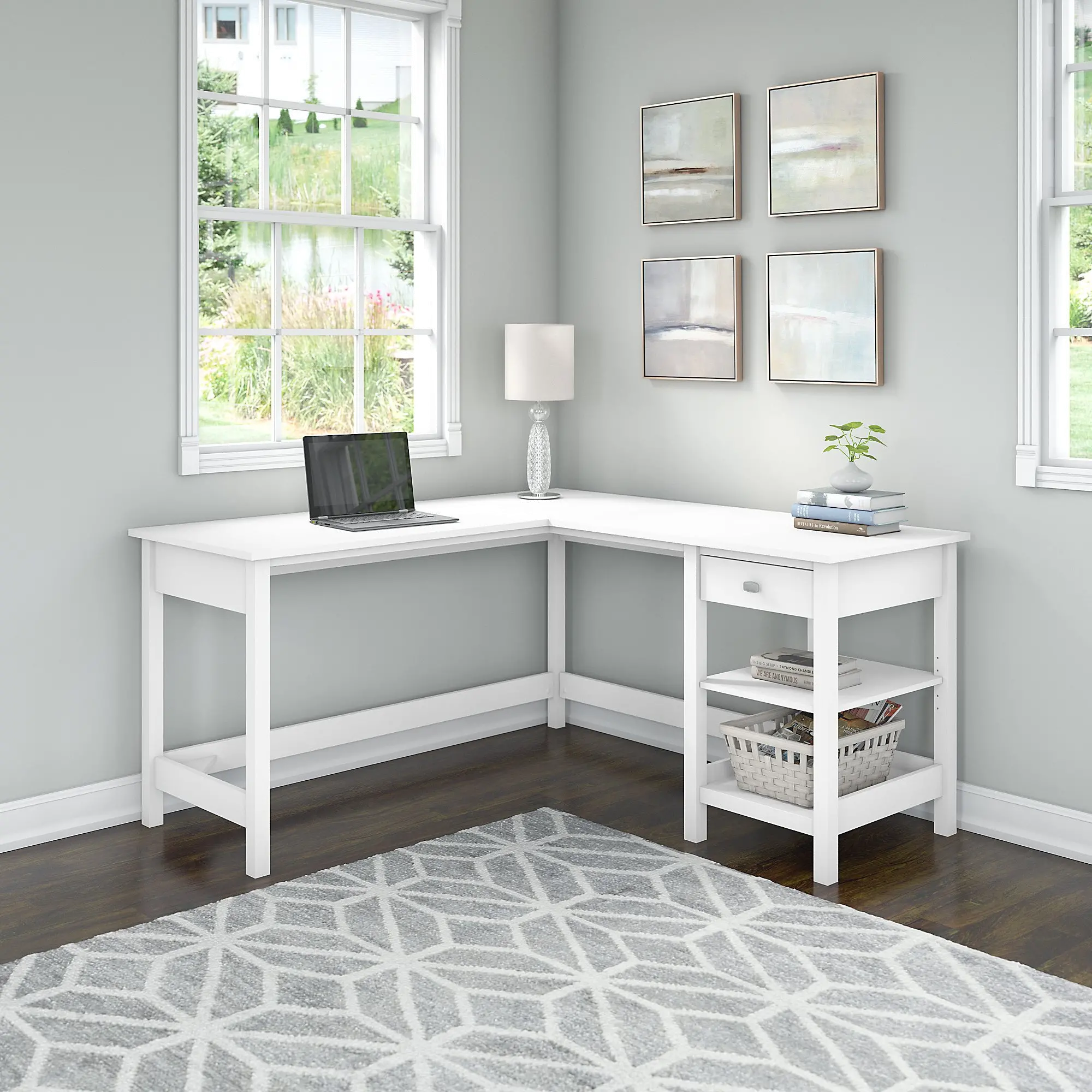 Pure White Single Pedestal L-Desk - Bush Furniture