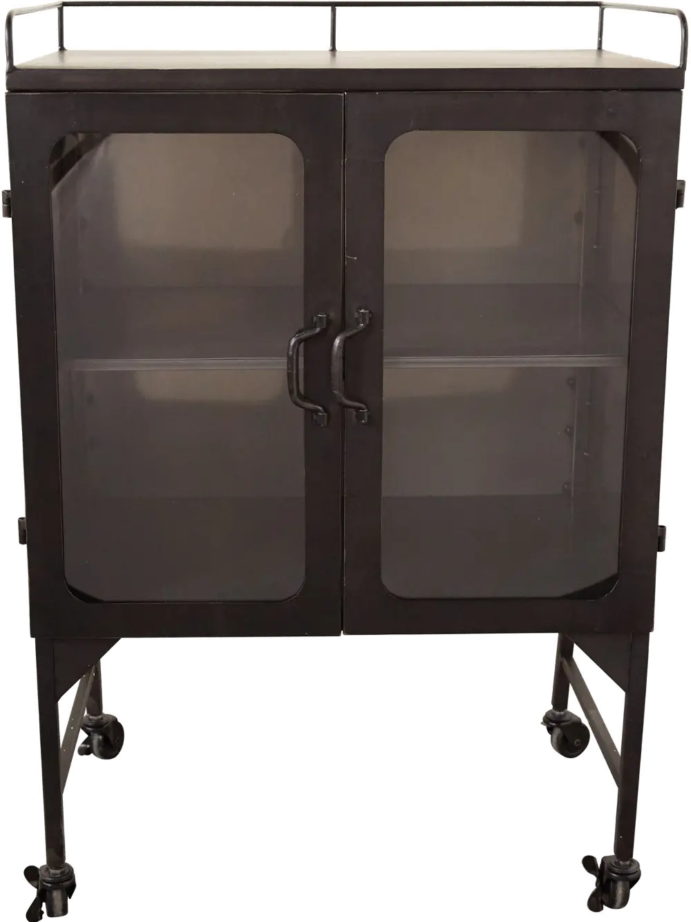 DA8479/MTL/GLS Retro Black Metal and Glass Cabinet on Casters-1
