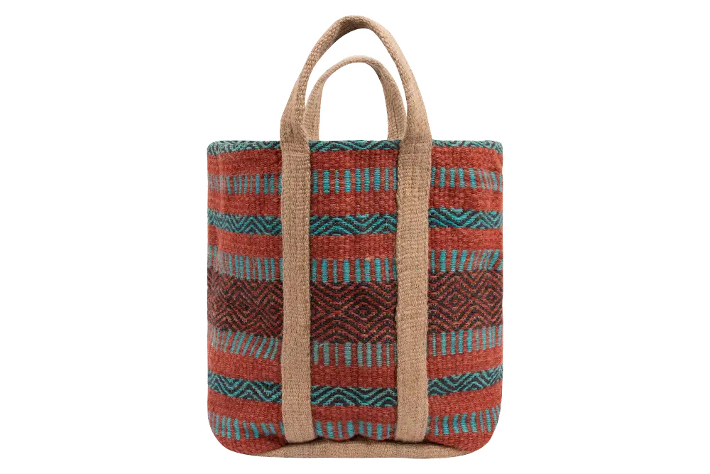 Coral and Teal Striped Jute Bag with Handles-1